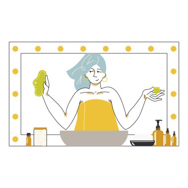 Yeniden kullanılabilir bir bloknotu ve regl bardağı olan bir kız. Aynanın önünde duruyor. Düz minimalist tarzda bir ilüzyon. Vektör.