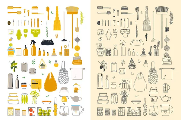Siyah çizgili minimalist tarzda çevre dostu yaşam tarzı için bir takım şeyler. Vektör grafiği.