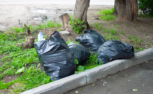 Large black plastic garbage bags lie on the ground near the sidewalk