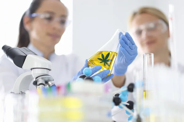 Researcher and colleague are conducting research in laboratory in hands of flask with golden liquid and sign of marijuana.