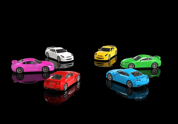 Разноцветные машины стоят лицом друг к другу по кругу — стоковое фото