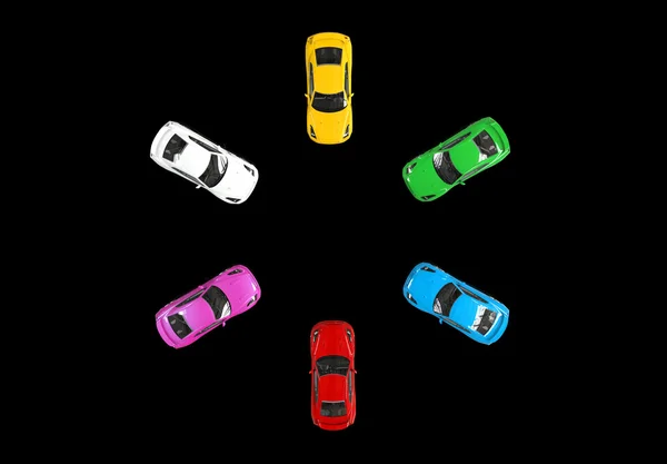Carros multicoloridos que enfrentam um ao outro em um círculo - visão superior — Fotografia de Stock
