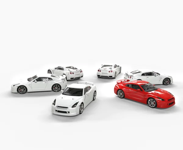 Red car among many white cars — Stock Photo, Image