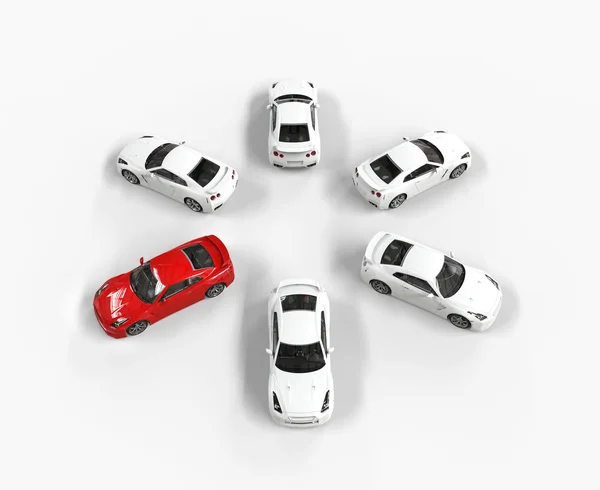 Red car among many white cars - top view — Stock Photo, Image