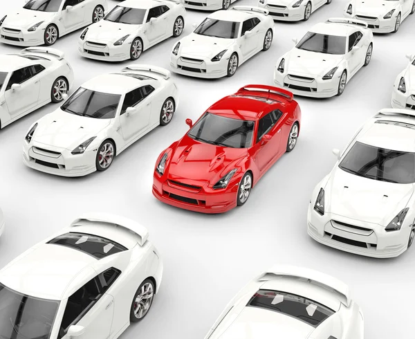 Röda bilen sticker ut bland många vita bilar — Stockfoto