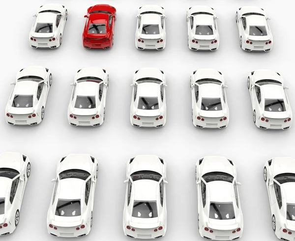 Червоний автомобіль серед багатьох білих автомобілів верхній ряд — стокове фото