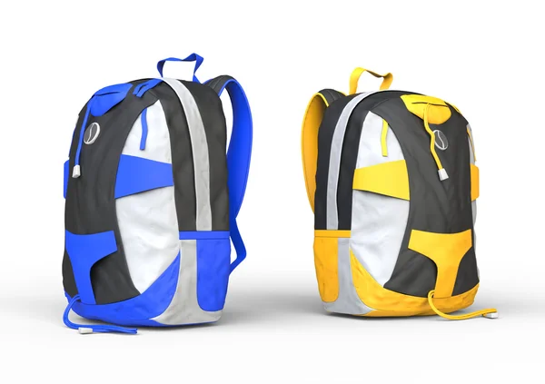 Blå och gula ryggsäckar på vit bakgrund — Stockfoto