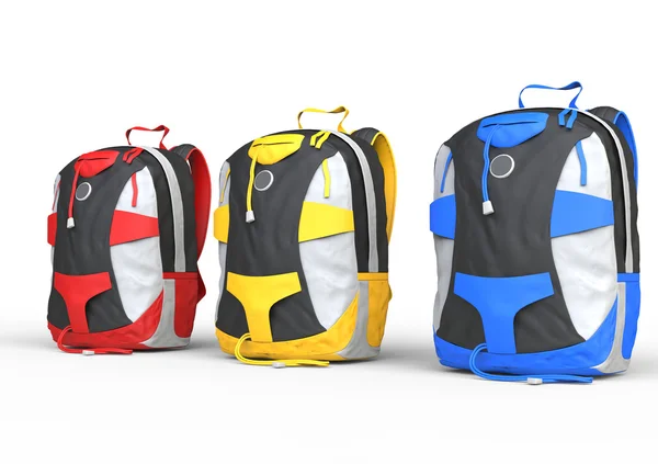 Червоні, жовті та сині рюкзаки на білому тлі — стокове фото