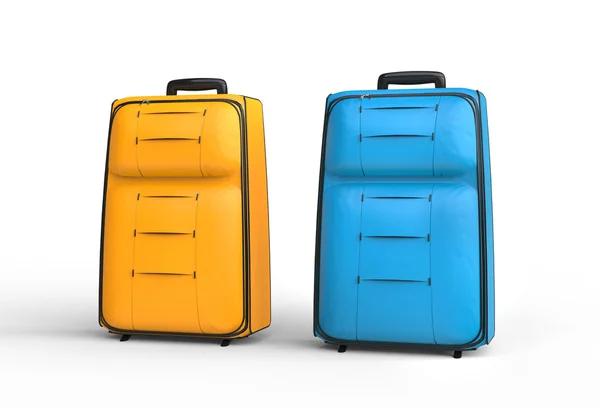 Blue and orange travel baggage suitcases on white background — Stock Photo, Image