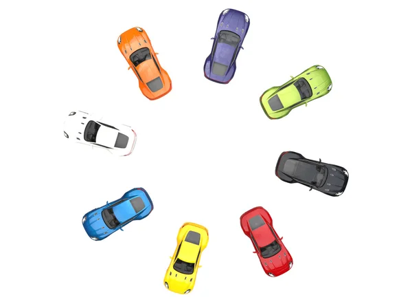 Top view on circle of multicolored cars on white background — Stock Photo, Image