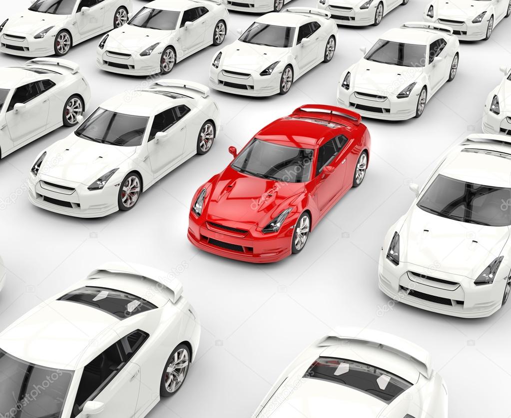Red car stands out among many white cars — Stock Photo © Svitac #54330735, image size:1023x837
