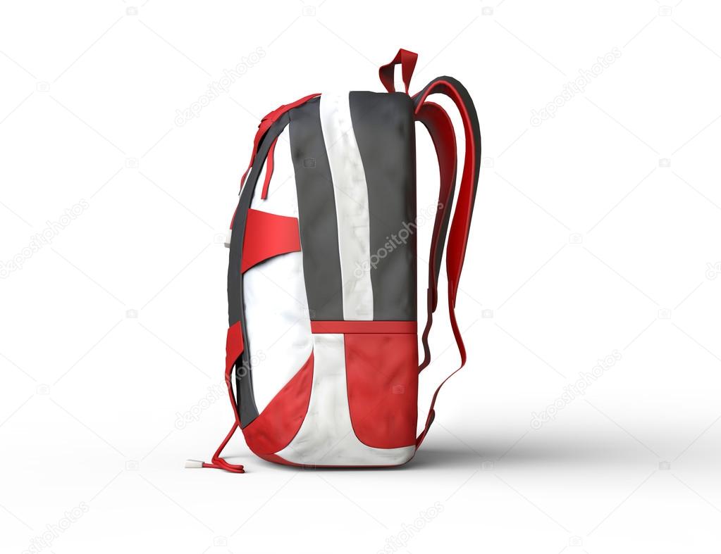 Red backpack on white background - side view