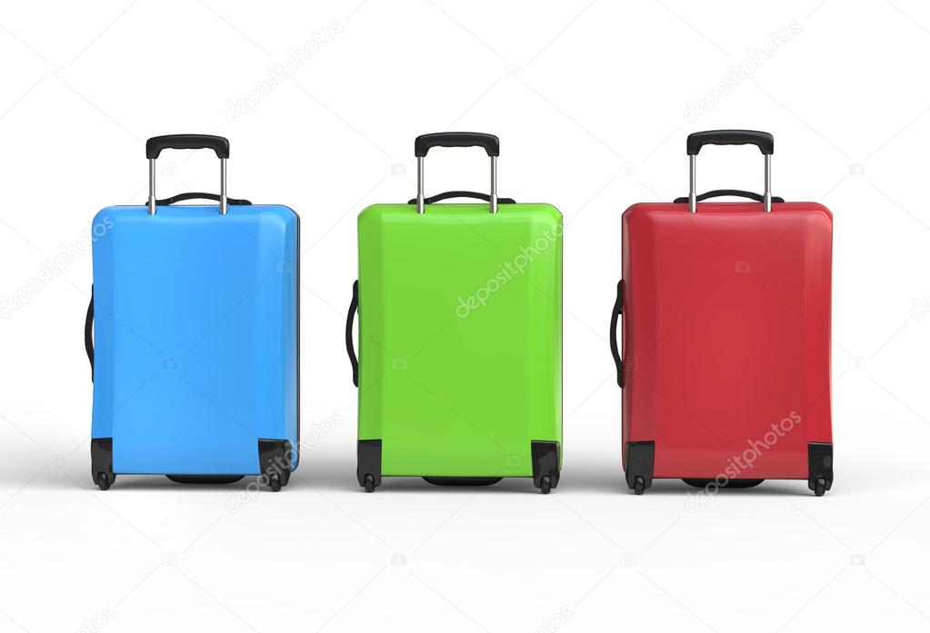 Blue, freen and red plastic baggage suitcases - back view