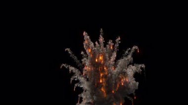 Yanan molozlar ve havada patlayan alev parçalarıyla yanan patlama - VFX elementi 4K Pro Res 'de maske geçiş kartı ile