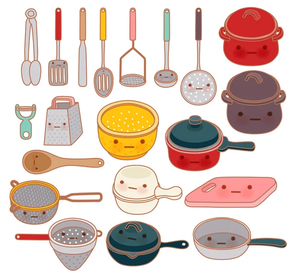 Collezione di utensili da cucina bella, grattugia carino, padella adorabile  , — Vettoriale Stock