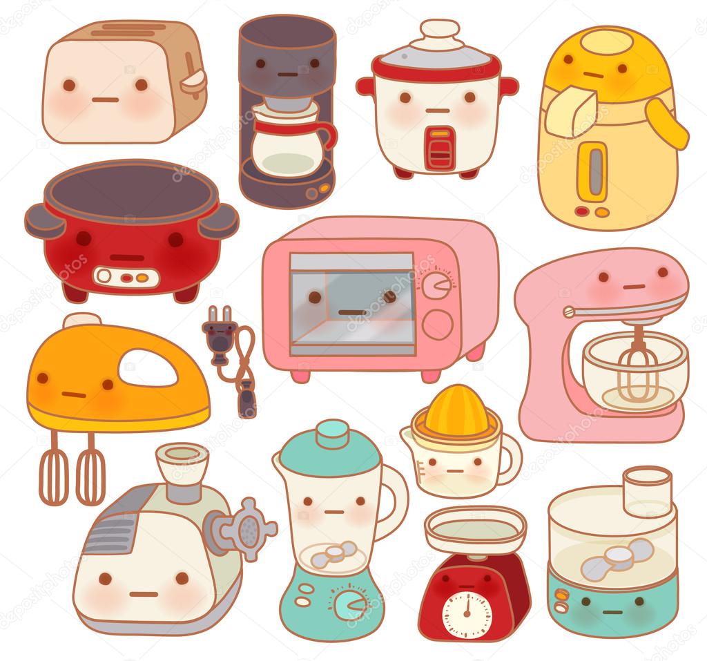 Set of adorable kitchen appliances , cute kettle , lovely oven , sweet blender isolated on white in chlildlike doodle style