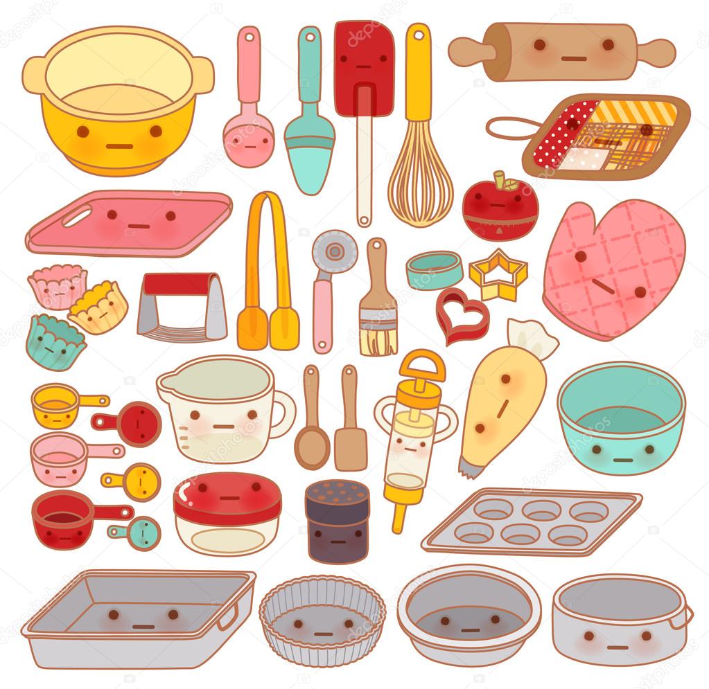 Cute pastry chef characters set with bread and cooking tools, flat design, Stock vector