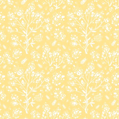 Soyut ağaç ve arılar sarı arka planda. Kusursuz çift renkli desen. Tekstil ve kumaşlar için modern monokrom sanatı. Ev dekorasyonu ve giysileri için desen.