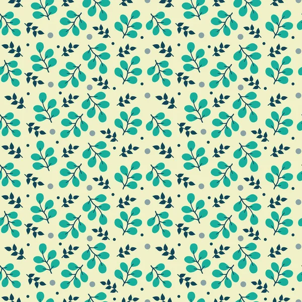 Turquoise and green leaves and twigs on a beige background. Digital seamless pattern. Frosty leaves, dots and branches on a beige background. Botanic seamless pattern. Floral turquoise and beige background.