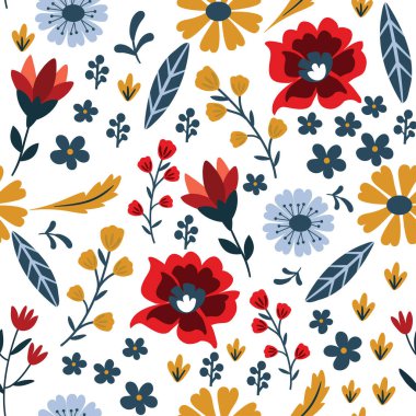 İskandinav halk çiçekleri dikişsiz desen. Modern el yapımı kumaş tasarımı.
