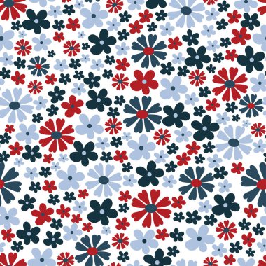 Retro tarzı minimalist çiçekli kırmızı ve mavi desenli.