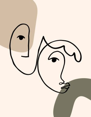 Abstract shapes composition and face one line drawing. Poster minimal style illustration. Continuous line drawing.