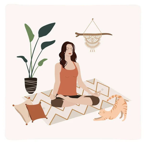 Illustration Cute Cat Woman Sitting Yoga Posture Modern Minimal Flat — Stockvector