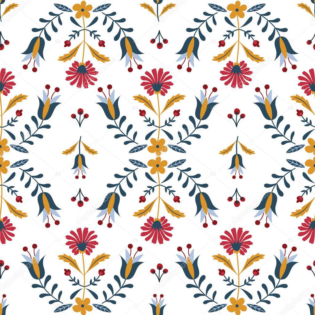 Vector seamless pattern of Folk art floral in Scandinavian and Nordic style on white background. Blue and red flower print.