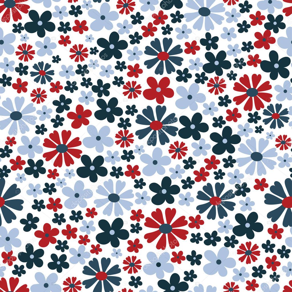 Retro style minimalist floral seamless pattern in red and blue.
