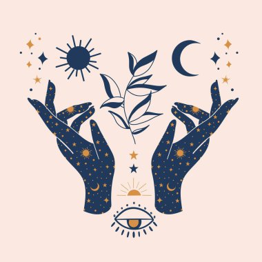 Mudra ellerinin mistik temsili güneş, ay ve yıldızların göksel sembolleri. Esrarengiz, ruhani, büyücülük esinlenilmiş bir kavram. Tişört, poster, kart vs. için mükemmel.