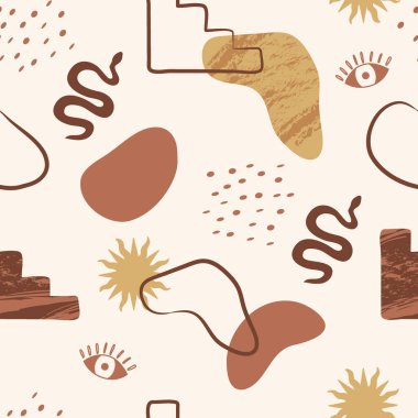 Soyut şekillere, dokulara, güneş sembollerine ve yılan elementlerine sahip modern kusursuz desen. Topraksı, sıcak nötr arkaplan deseni.