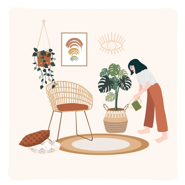 Ilustração Plantas Stay Home Decoração Casa Interior Moda Plantas Mulher — Vetor de Stock