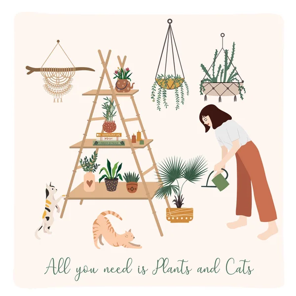 Moderní Městská Zeleň Domácí Džungli Crazy Plant Lady Illustration Cat — Stockový vektor