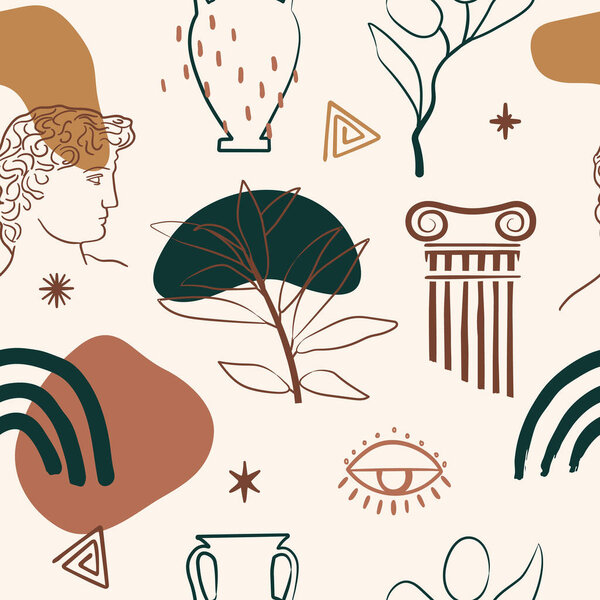 Seamless Pattern of Greek sculpture David head line drawing,organic shapes, pillar, evil eyes and leaves. Vector Illustration inspired by antiquity civilizations.