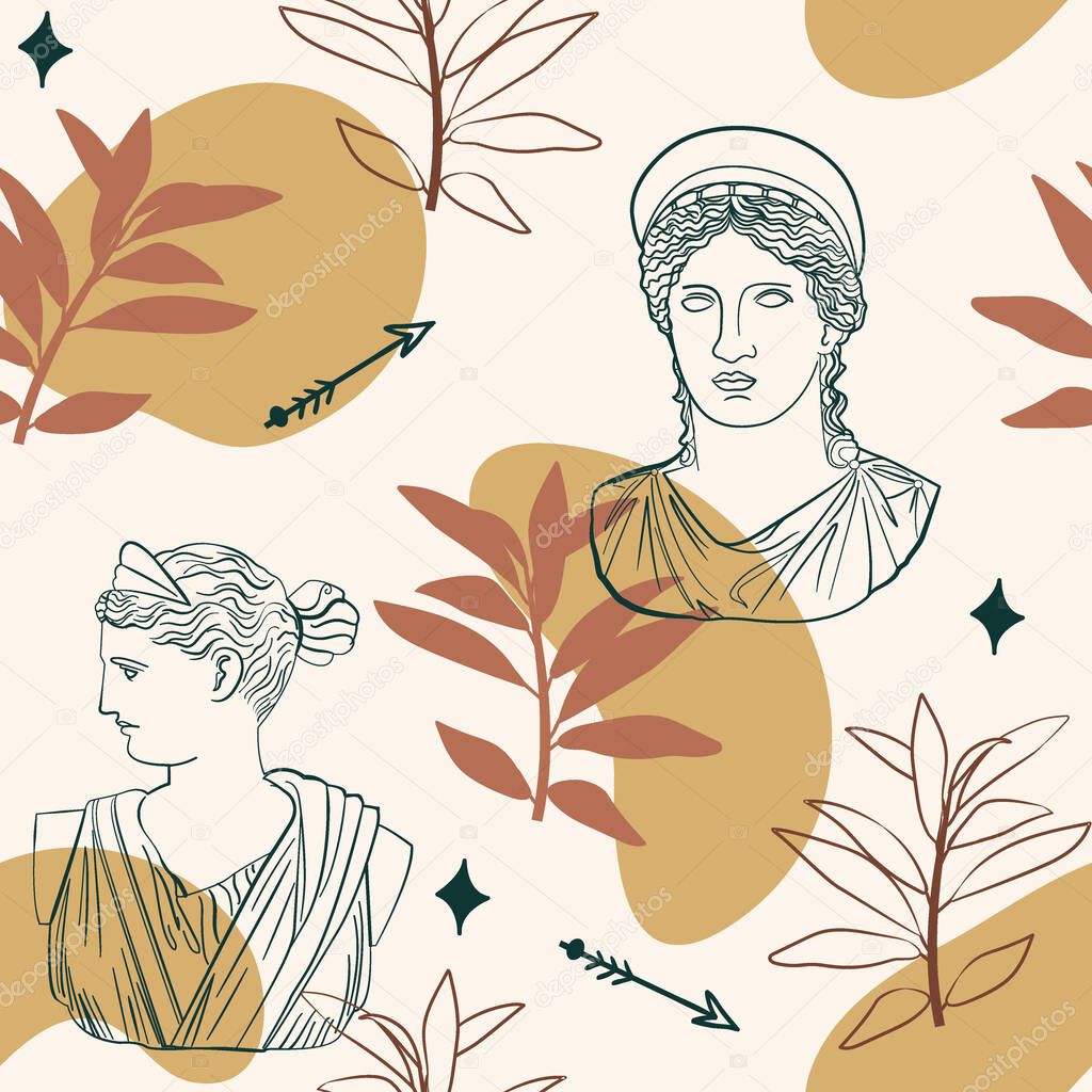Abstract seamless pattern of greek sculpture line drawing,organic shapes and leaves. Vector Illustration inspired by antiquity civilizations