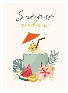 Summer card with,Coconut, citrus fruits, leaves and text. Cute hand drawn summer illustration. clipart