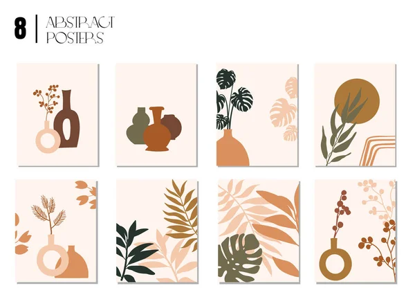 Set Abstract Poster Terracotta Inspired Vases Botanical Illustration Wall Art — Stock Vector