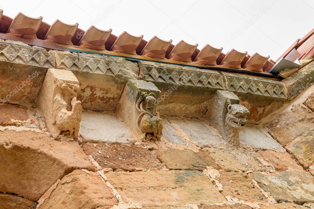 Detail of the church of San Clemente, Huidobro. Romanesque temple of the XII century. Burgos, Castilla y Leon, Spain