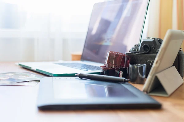 Work space or desktop hipster photographer.