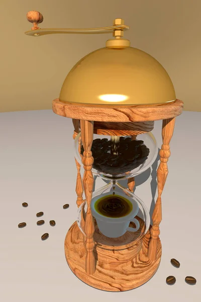 The Coffee Time Machine grinds the coffee beans in the upper part and the finished coffee is obtained in the lower part, 3d rendering