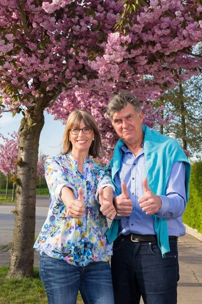 Pareja Adulta Positiva Motivada Que Pulgar Doble Hacia Arriba Con Fotos De Stock