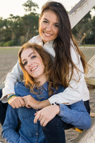 Amigos femininos sentados em escadas de madeira — Fotografia de Stock