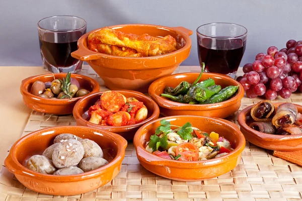 Spanish tapas foods in terracotta bowls — Stock Photo, Image