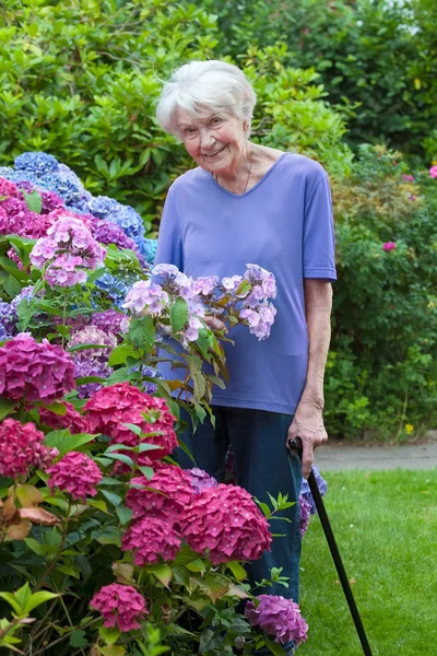 Senior vrouw in de tuin — Stockfoto