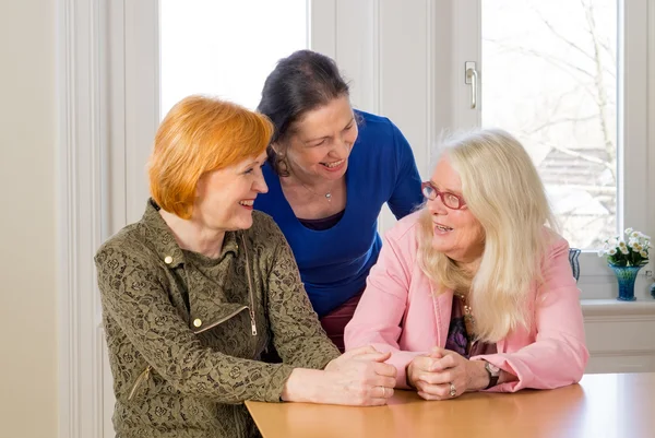 Vrouwelijke vrienden zitten op eettafel — Stockfoto