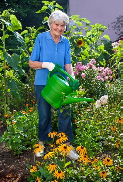 Senior Lady Watering Flowers — Stock Photo, Image