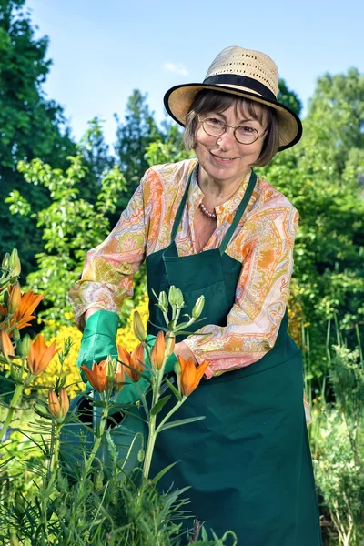 Senior vrouw drenken bloemen — Stockfoto