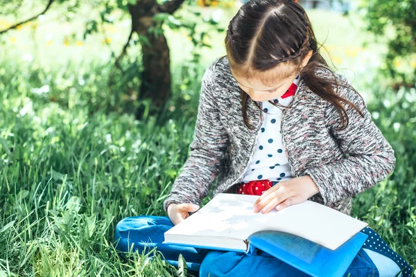 Retrato al aire libre de una linda niña sentada en una hierba Imagen De Stock