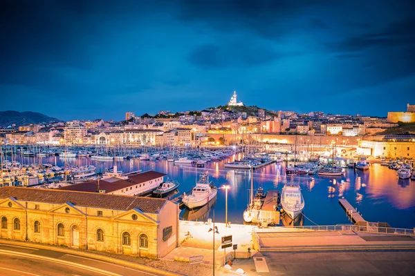 Порту Марселя вночі, Прованс, Франції Стокове Зображення