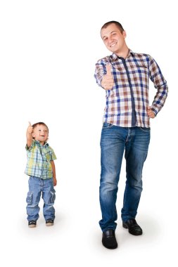 Mutlu baba ve oğul ile izole üzerinde beyaz Yaşasın